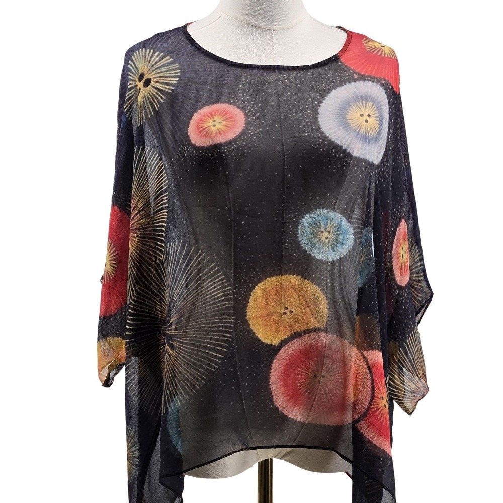 Cocoon House Blouse Womens One Size Black Tunic Sheer Chiffon Kimono Sleeve